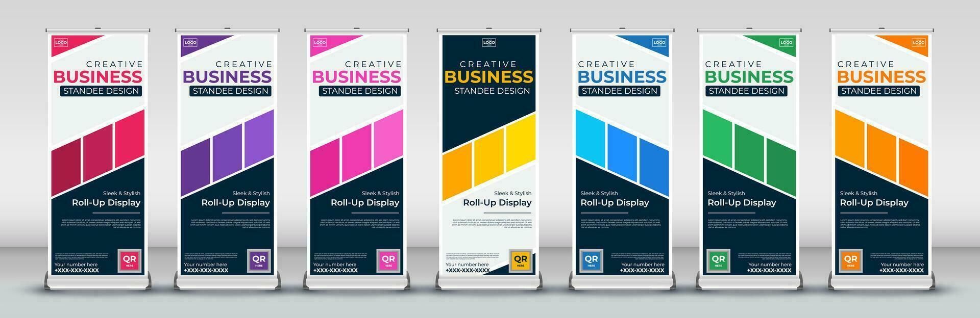 Roll up banner design template for business events, annual meetings, presentations, marketing, promotions, with red, blue, green, orange, pink, yellow and purple print ready colors vector