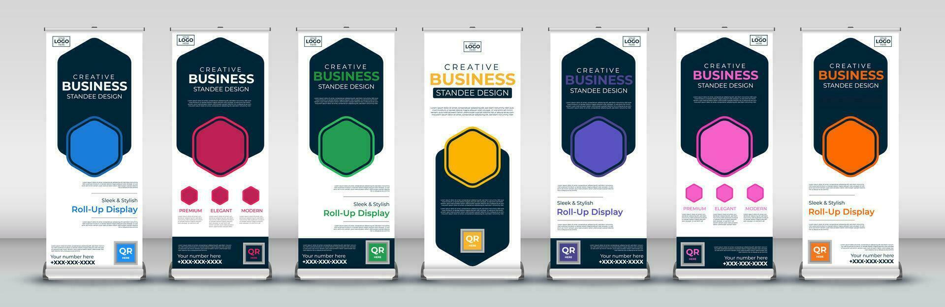 Roll up banner design template for business events, annual meetings, presentations, marketing, promotions, with red, blue, green, orange, pink, yellow and purple print ready colors vector