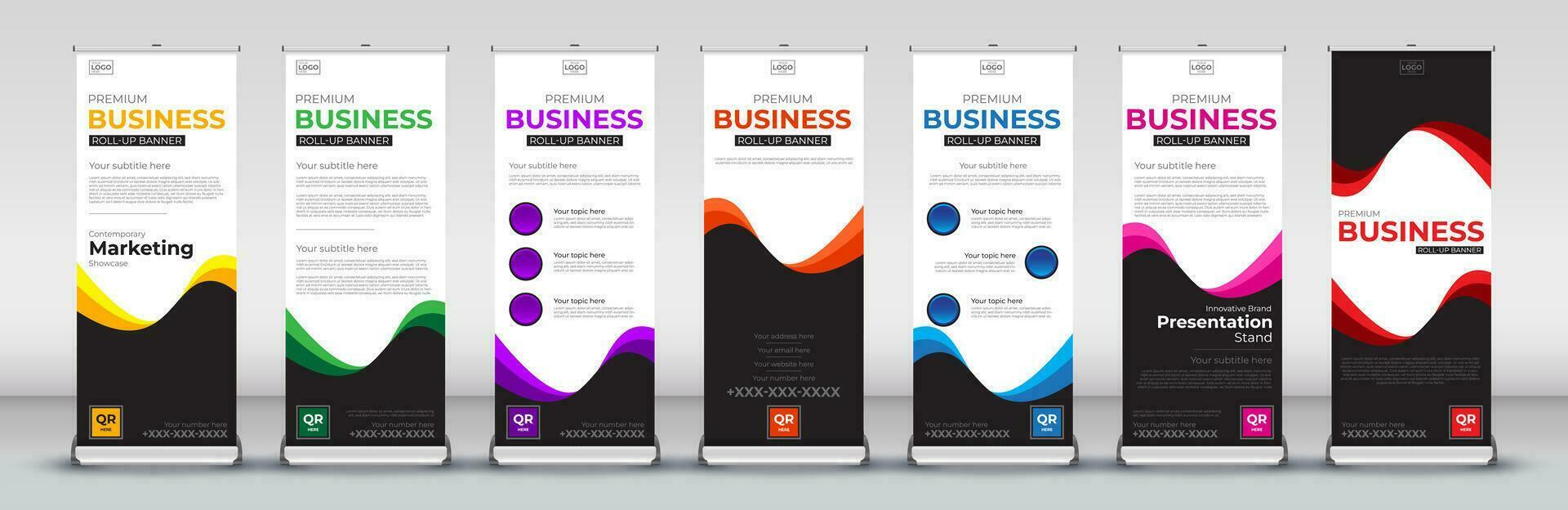 Roll up banner design template for business events, annual meetings, presentations, marketing, promotions, with red, blue, green, orange, pink, yellow and purple print ready colors vector