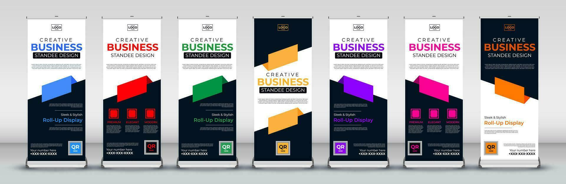 Roll up banner design template for business events, annual meetings, presentations, marketing, promotions, with red, blue, green, orange, pink, yellow and purple print ready colors vector
