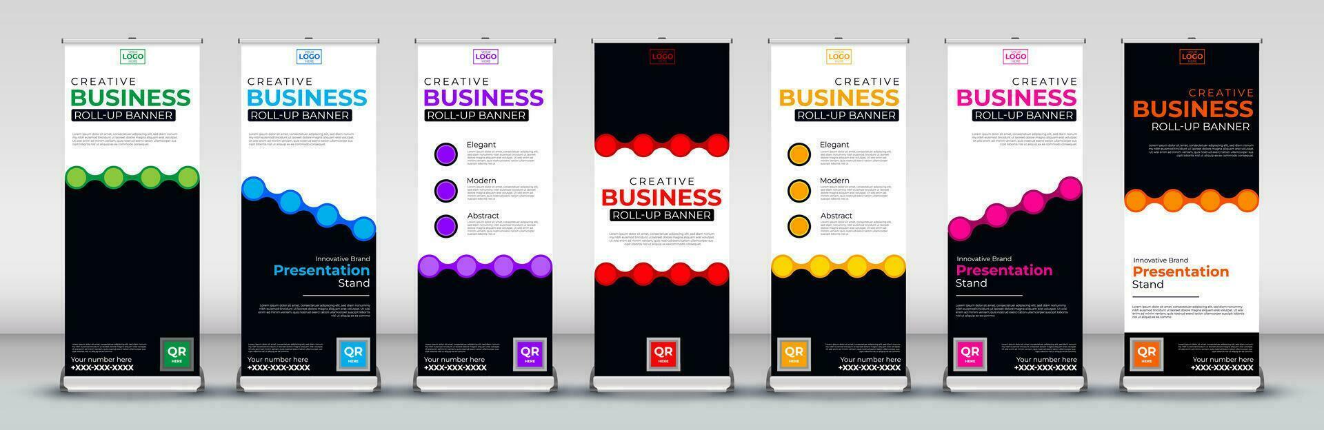 Roll up banner design template for business events, annual meetings, presentations, marketing, promotions, with red, blue, green, orange, pink, yellow and purple print ready colors vector