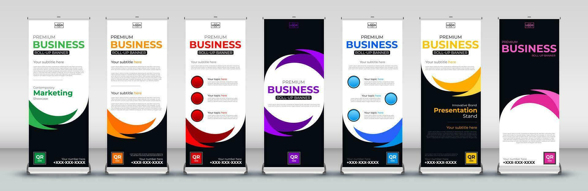 Roll up banner design template for business events, annual meetings, presentations, marketing, promotions, with red, blue, green, orange, pink, yellow and purple print ready colors vector