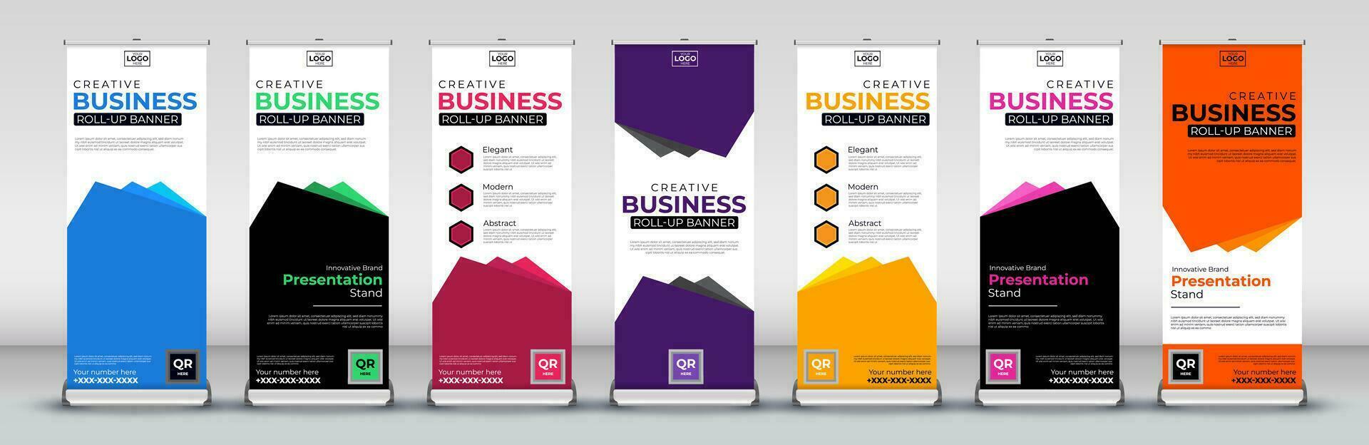rodar arriba bandera diseño modelo para negocio eventos, anual reuniones, presentaciones, marketing, promociones, con rojo, azul, verde, naranja, rosa, amarillo y púrpura impresión Listo colores vector