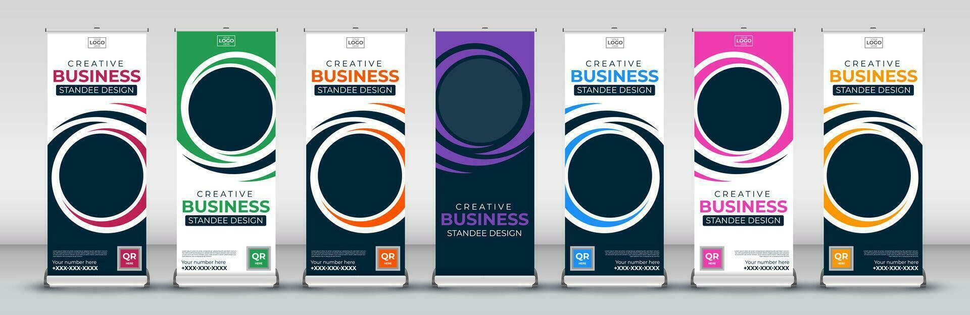 Roll up banner design template for business events, annual meetings, presentations, marketing, promotions, with red, blue, green, orange, pink, yellow and purple print ready colors vector