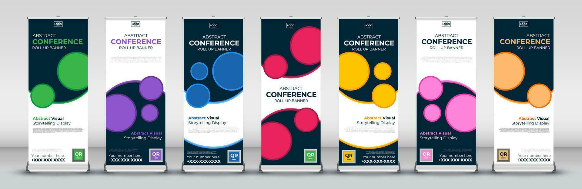 Roll up banner design template for business events, annual meetings, presentations, marketing, promotions, with red, blue, green, orange, pink, yellow and purple print ready colors vector