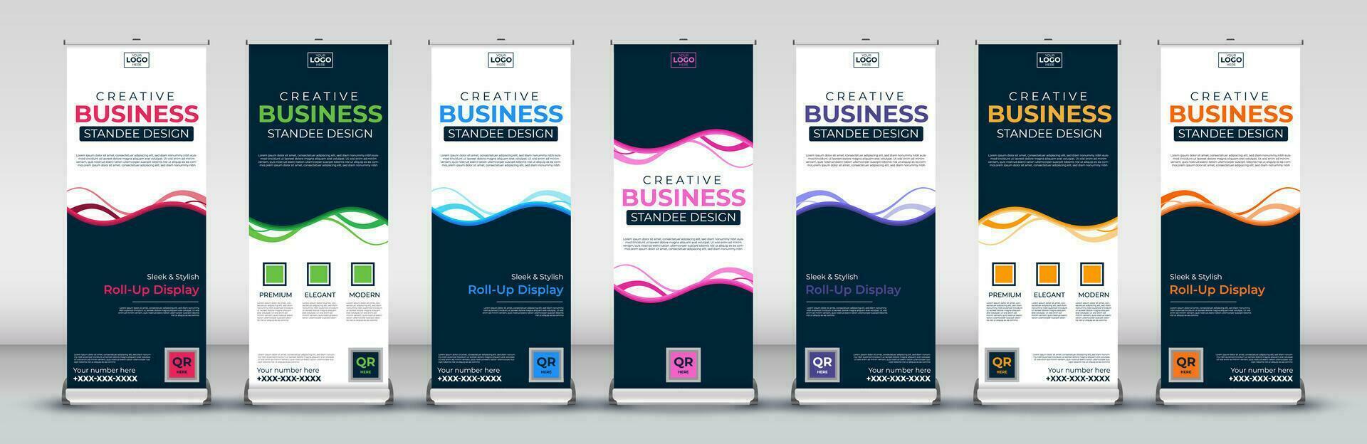 Roll up banner design template for business events, annual meetings, presentations, marketing, promotions, with red, blue, green, orange, pink, yellow and purple print ready colors vector