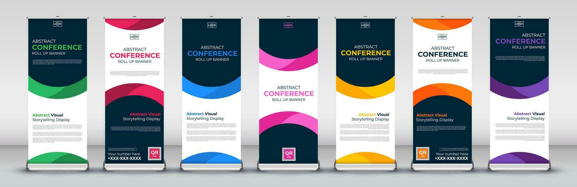 Roll up banner design template for business events, annual meetings, presentations, marketing, promotions, with red, blue, green, orange, pink, yellow and purple print ready colors vector