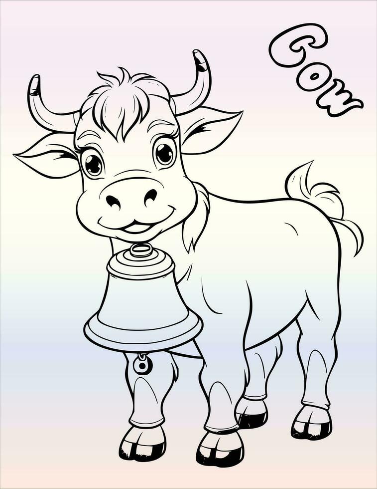Cow With Bell Coloring Page for Kids vector