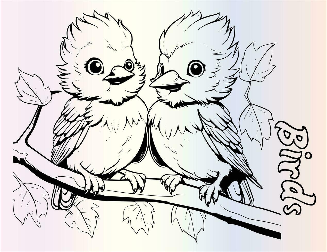 Cute Birds Holding Autumn Leaves Coloring Page for Kids vector