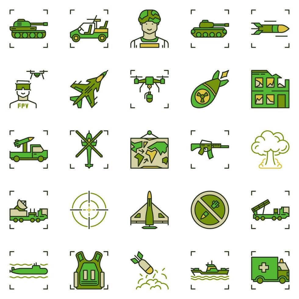 War colored icons set. Army and Military vector concept signs