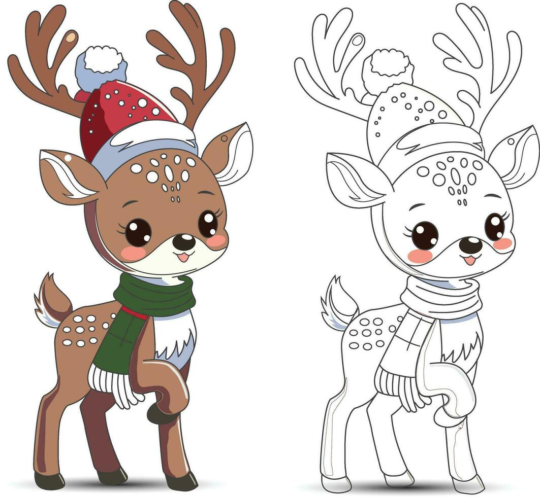 christmas deer cartoon coloring page vector