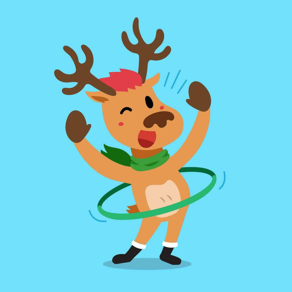 dibujos animados personaje Navidad reno hacer ejercicio con hula aro vector