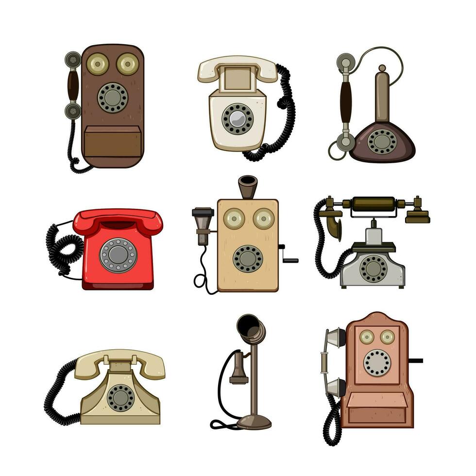 telephone retro set cartoon vector illustration