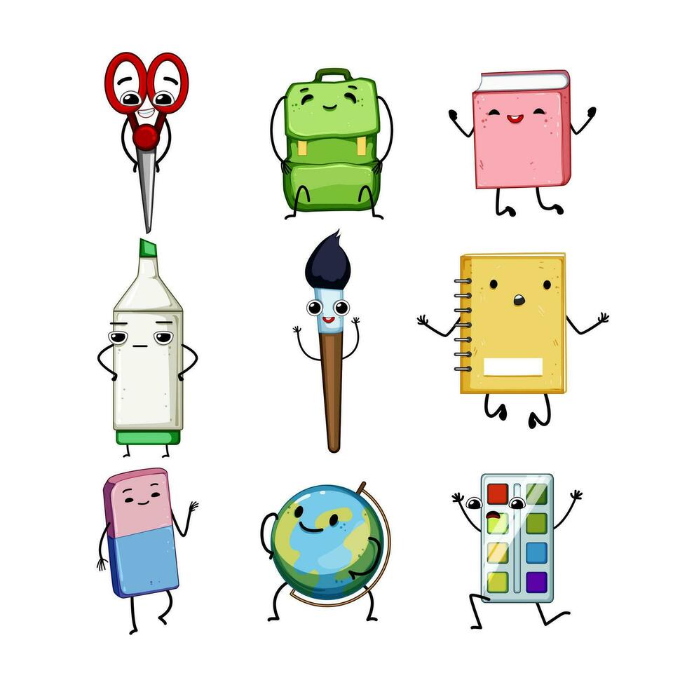 stationery character set cartoon vector illustration