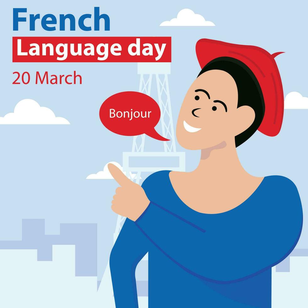illustration vector graphic of a woman is greeting in the morning, showing the silhouette of Paris as a background, perfect for international day, french language day, celebrate, greeting card, etc.