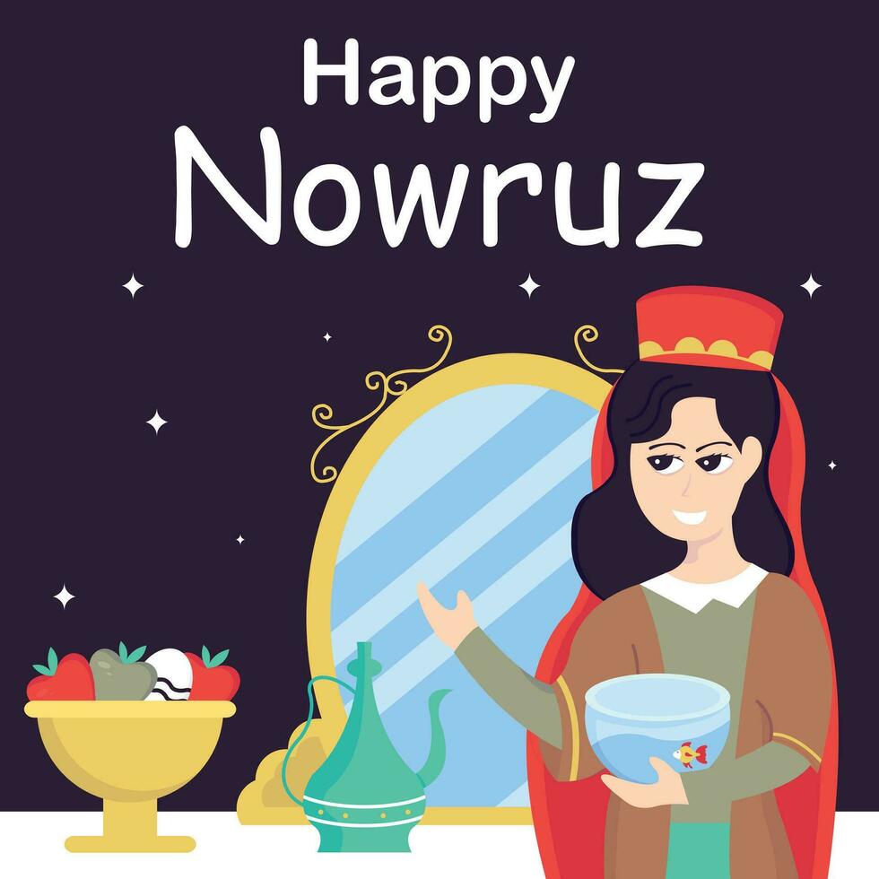 illustration vector graphic of a woman carrying a small aquarium filled with fish, perfect for international day, happy nowruz, celebrate, greeting card, etc.