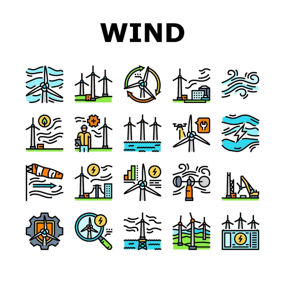 wind turbine power energy farm icons set vector