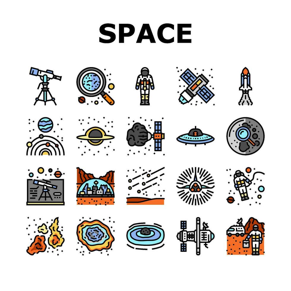 espacio exploración planeta íconos conjunto vector