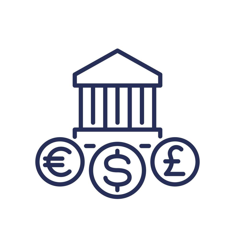 banco edificio línea icono con dólar, euro y libra vector