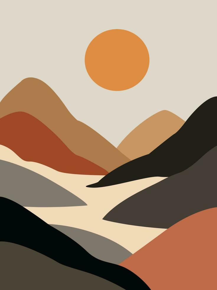 Abstract landscape boho wall art vector. Modern boho nature landscape featuring the sun, sky, river, and mountains. vector