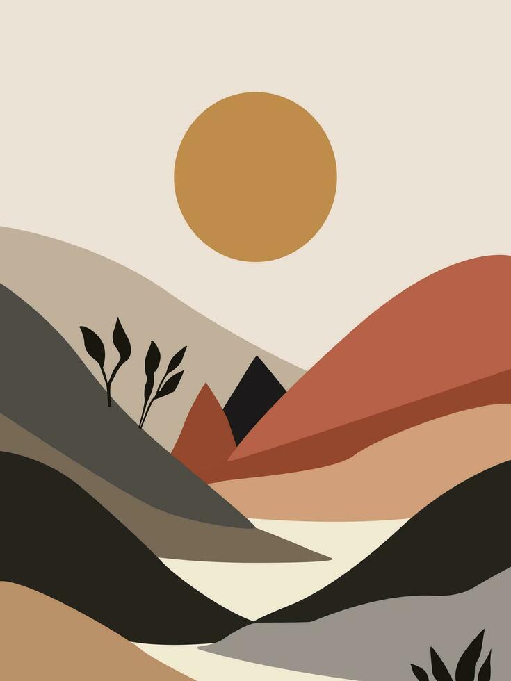 Abstract landscape boho wall art vector. Modern boho nature landscape featuring the sun, sky, river, and mountains. vector