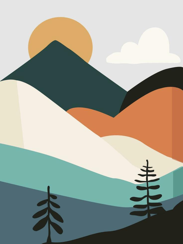 Abstract landscape boho wall art with a cloud, the sun, and mountains. Nature boho wall art vector