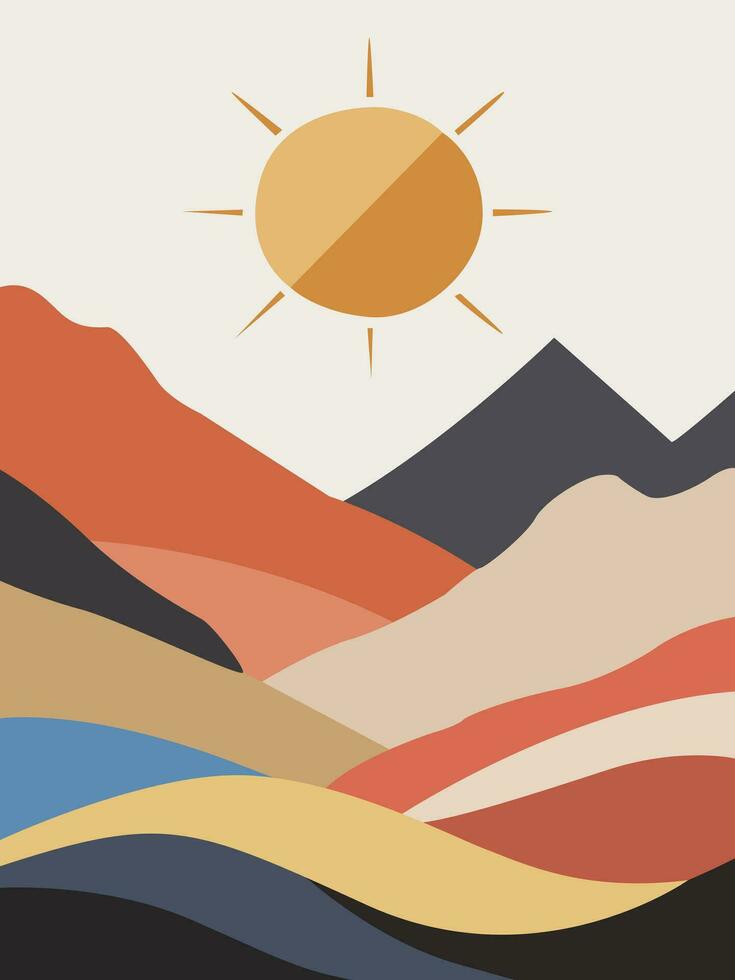 Abstract landscape boho wall art vector. Modern boho nature landscape featuring the sun, sky, river, and mountains. vector