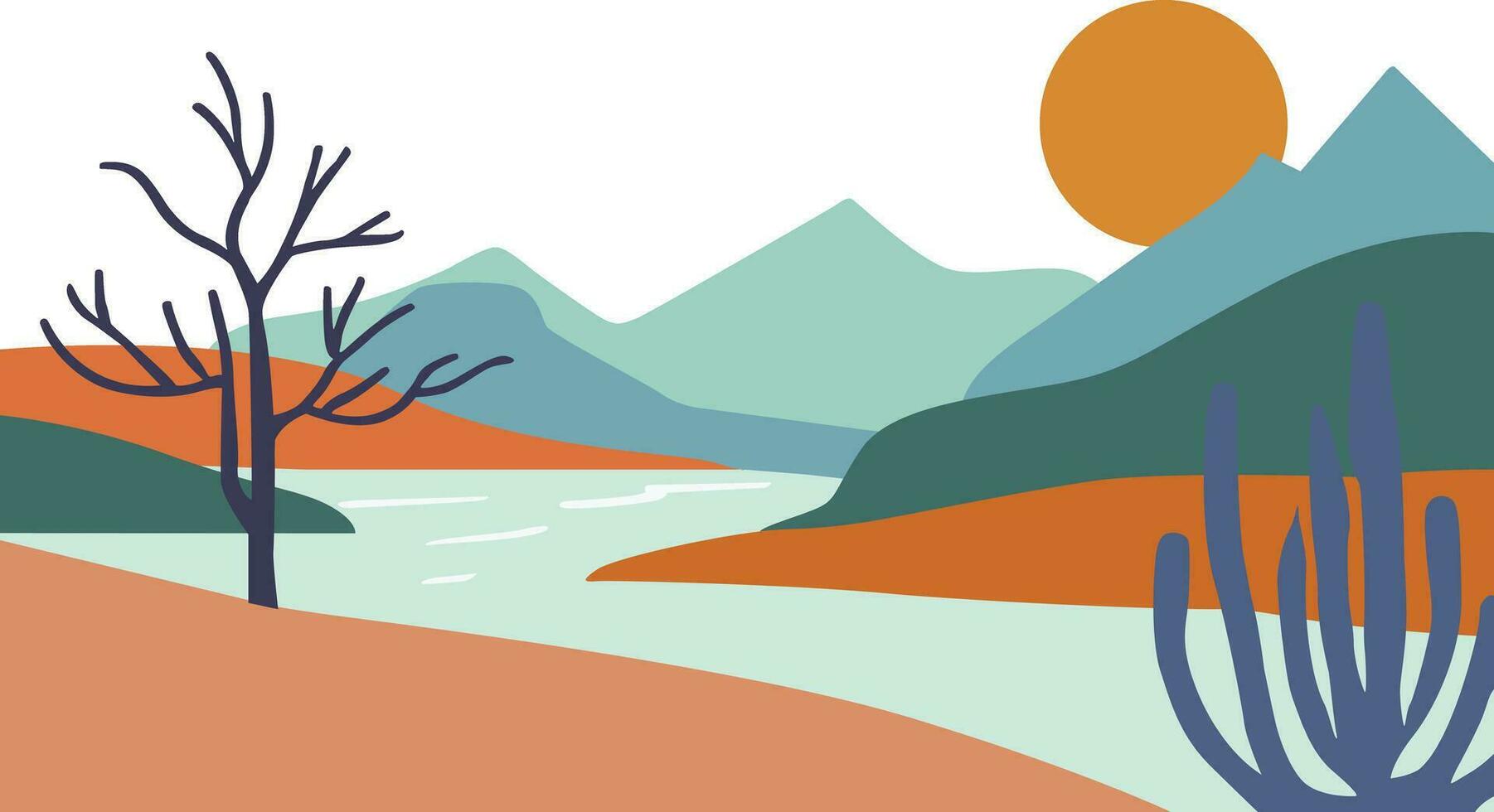 Landscape boho wall art with blue sky, river, trees, mountains, and the sun. Minimalist panorama, Vector design