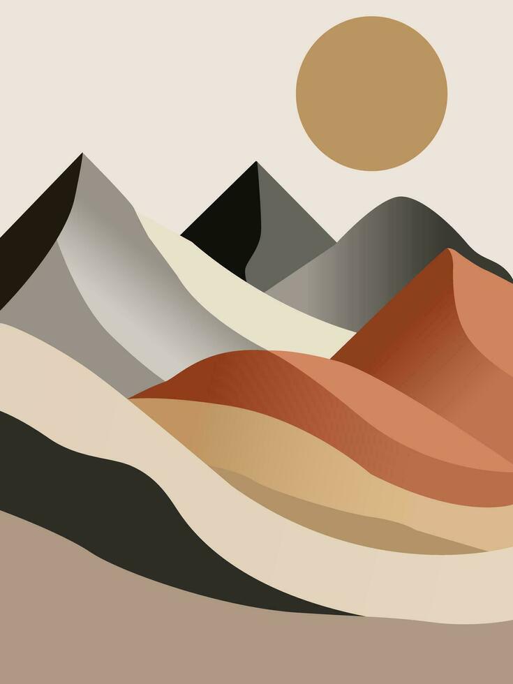 Abstract landscape boho wall art vector. Modern boho nature landscape featuring the sun, sky, river, and mountains. vector