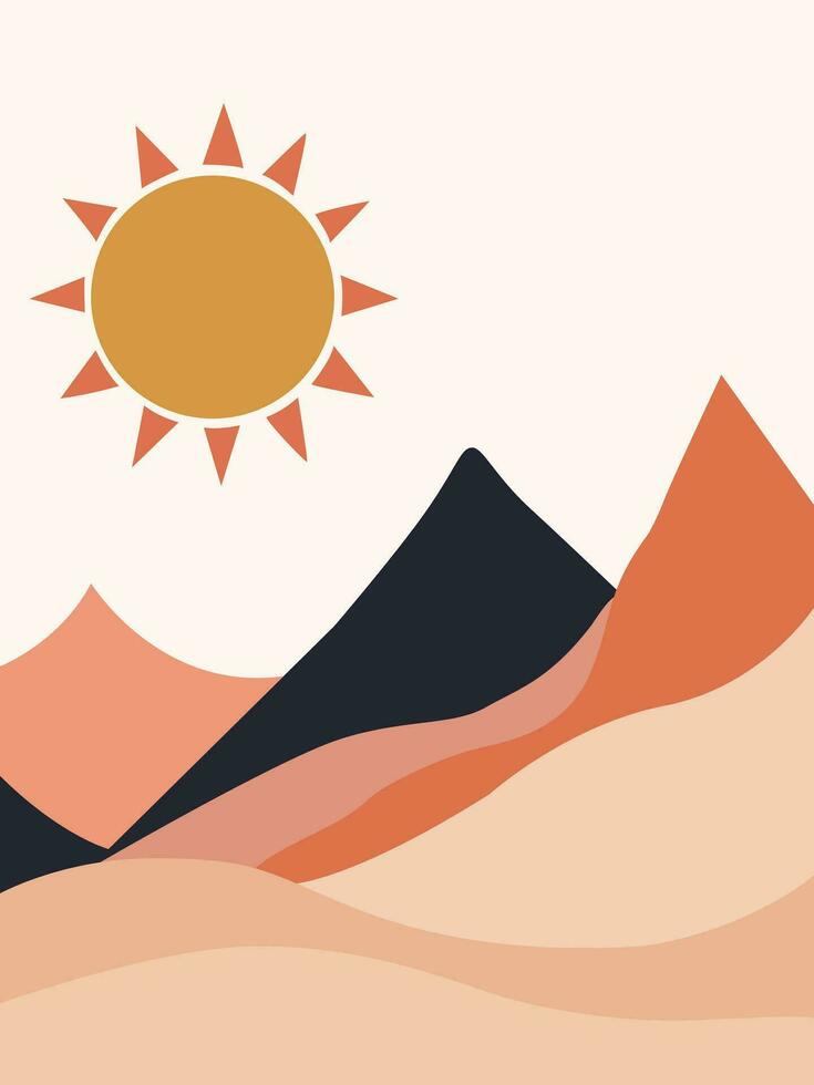 Abstract contemporary landscape boho wall art vector. Modern boho nature landscape wall art with the sun, sky, and mountains. vector