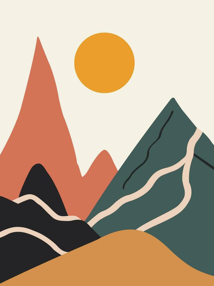 Abstract contemporary landscape boho wall art vector. Modern boho nature landscape wall art with the sun, sky, and mountains. vector