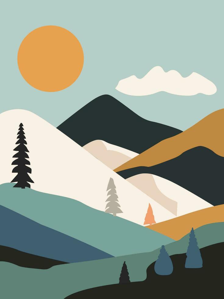 Abstract landscape boho wall art with a cloud, the sun, and mountains. Nature boho wall art vector