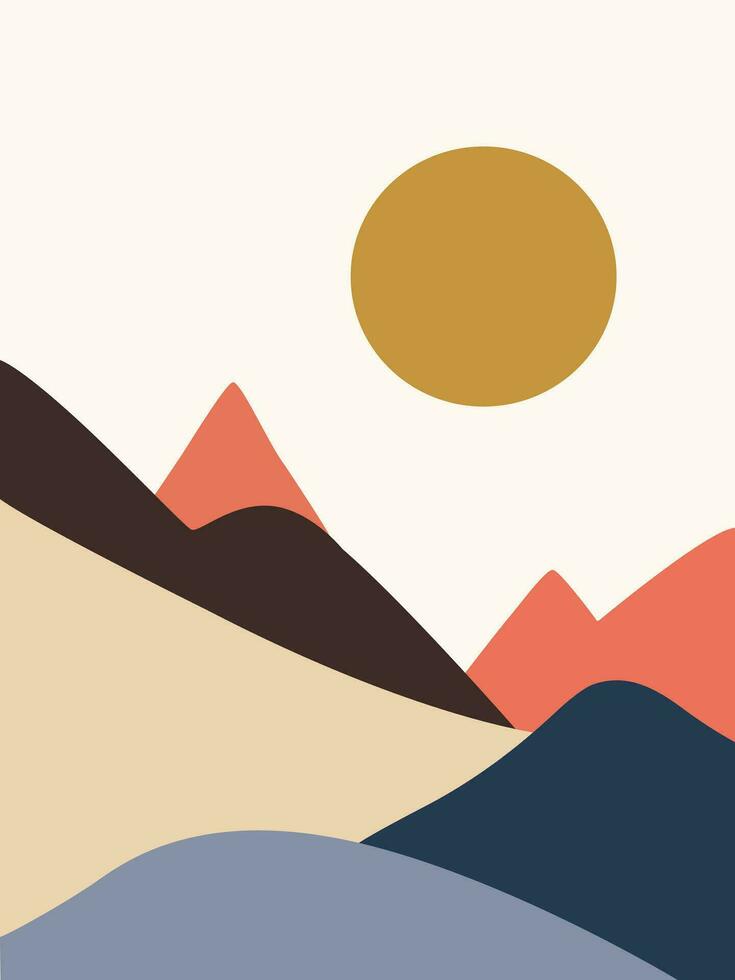 Abstract contemporary landscape boho wall art vector. Modern boho nature landscape wall art with the sun, sky, and mountains. vector
