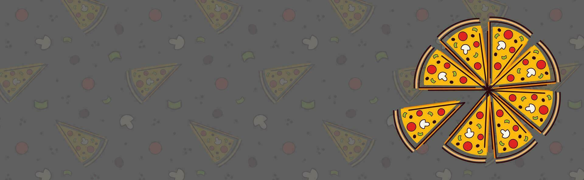 Banner, flyer, background with copy space for text. Top view  pizza. Pattern seamless background. Fast food. Basil, tomato, salami, olive, mushroom,  sausage. Pizza cutter. Bussines card. vector