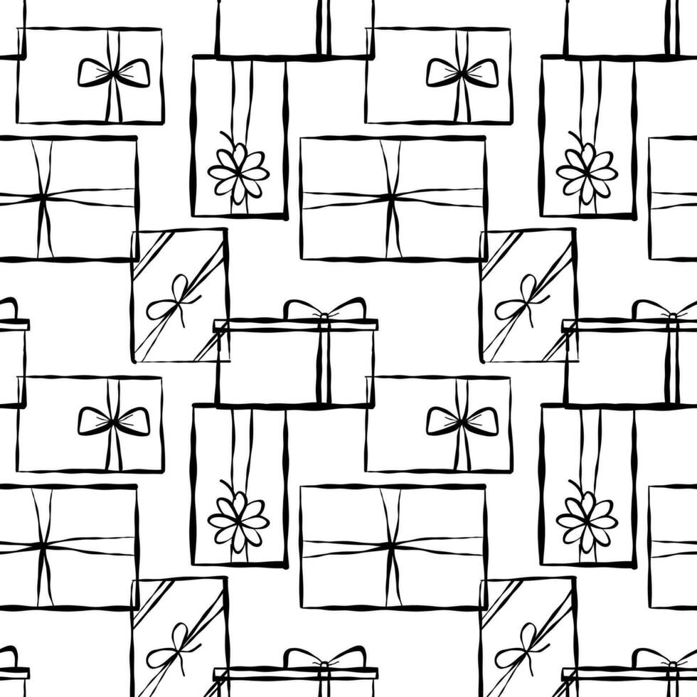 Seamless pattern different Christmas, birthday gifts. Wrapping paper pattern, bows and ribbons. Hand drawn Doodle Christmas, New Year or Birthday gift boxes. Vector illustration.