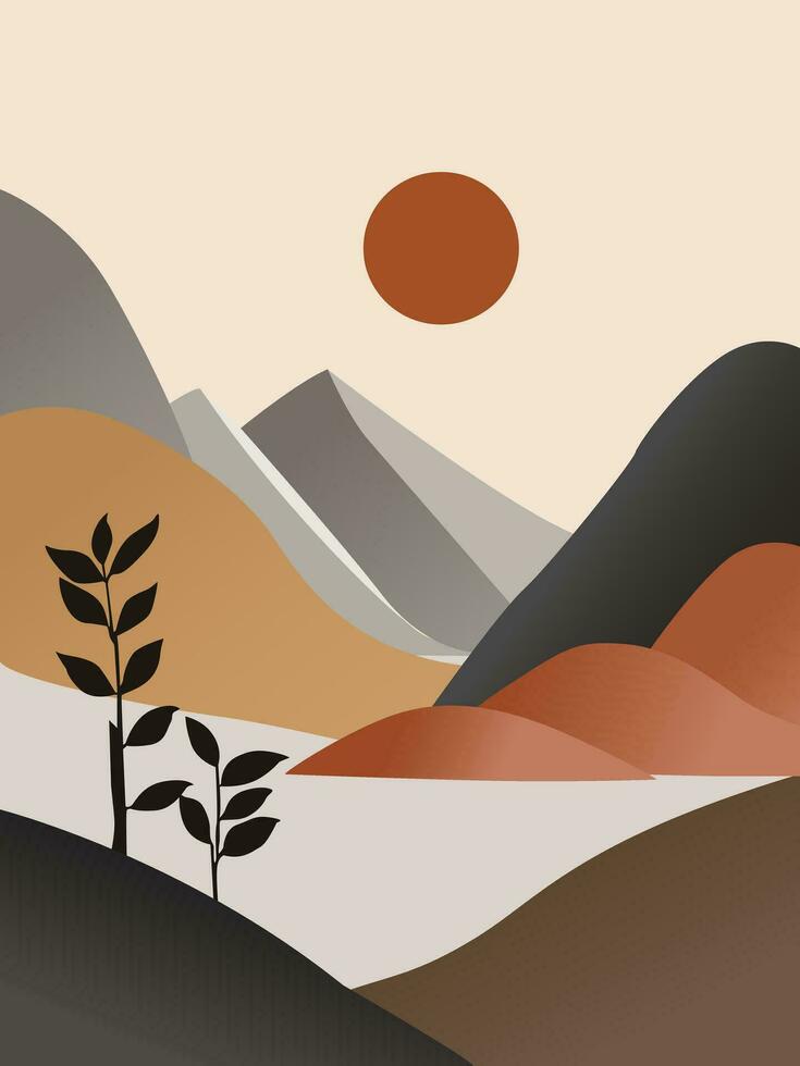 Abstract landscape boho wall art vector. Modern boho nature landscape featuring the sun, sky, river, and mountains. vector