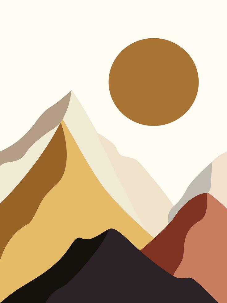 resumen contemporáneo paisaje boho pared Arte vector. moderno boho naturaleza paisaje pared Arte con el sol, cielo, y montañas. vector