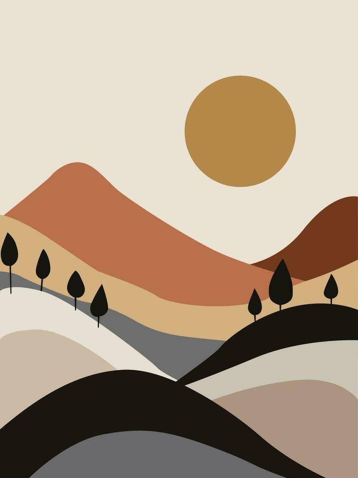 Abstract landscape boho wall art vector. Modern boho nature landscape featuring the sun, sky, river, and mountains. vector