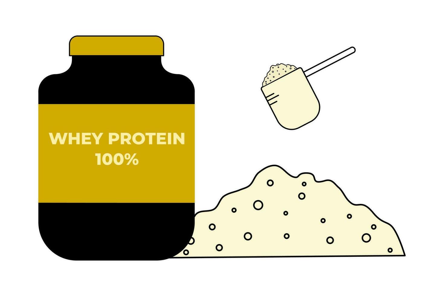 Portion of whey protein powder and bottle isolated on white background. Simple cartoon flat vector