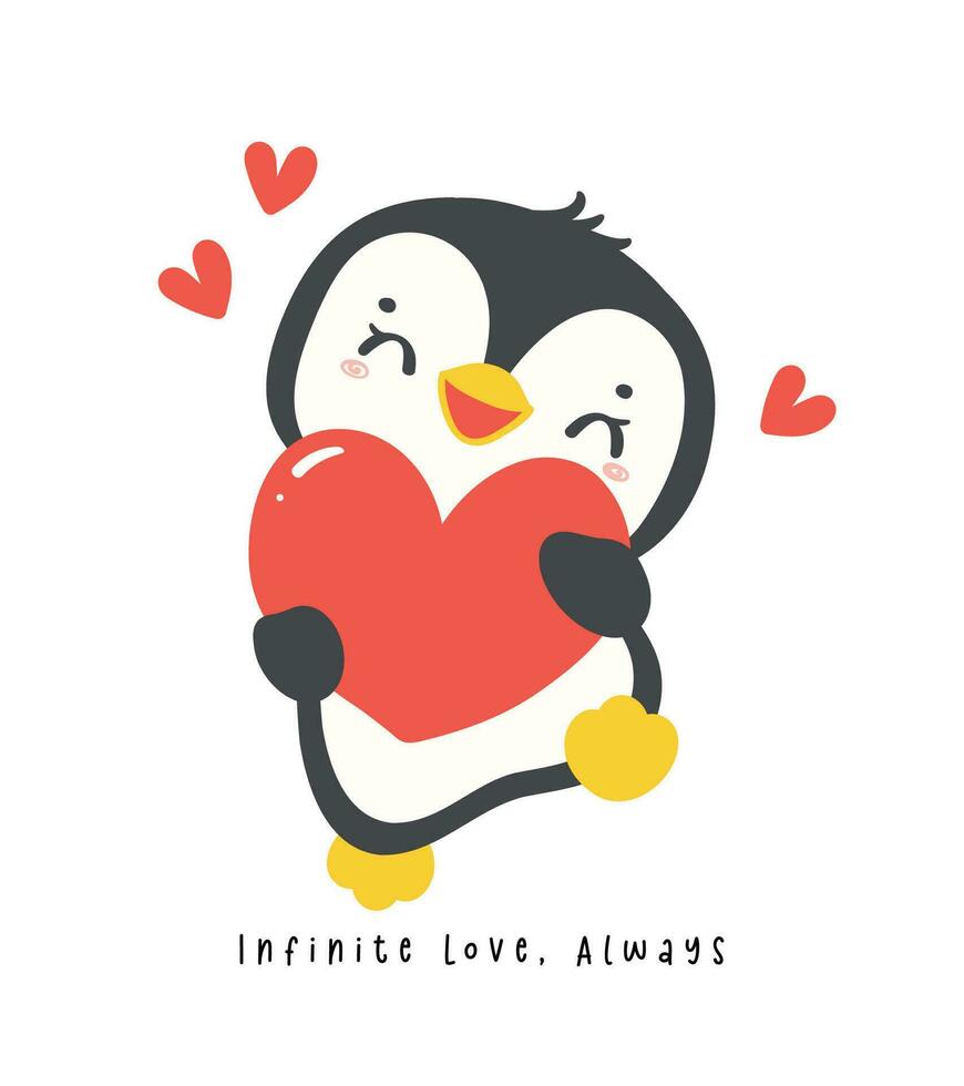 Cute penguin hug red heart cartoon drawing, Kawaii Valentine animal character illustration, playful hand drawn festive love graphic. vector