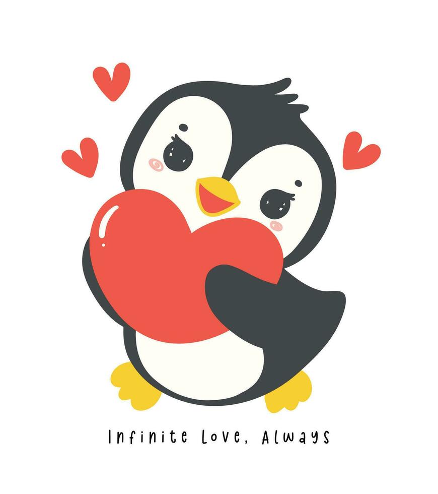 Cute penguin with red heart cartoon drawing, Kawaii Valentine animal character illustration, playful hand drawn festive love graphic. vector