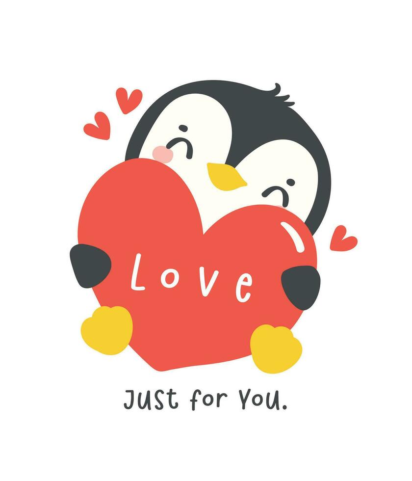 Kawaii penguin holding red heart cartoon drawing, cute Valentine animal character illustration, playful hand drawn festive love graphic. vector