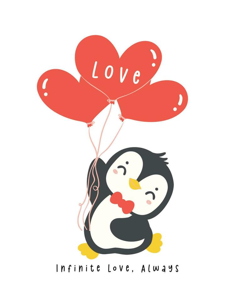 kawaii penguin holding heart balloons cartoon, cute Valentine animal character illustration. vector