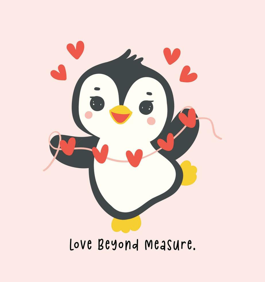 kawaii penguin with red hearts garland cartoon, cute Valentine animal character illustration, playful hand drawn festive love graphic. vector