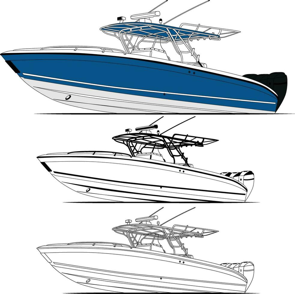 High quality side view fishing boat vector line art illustration and one color.