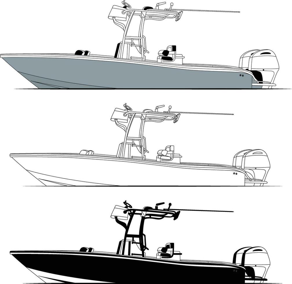 High quality side view fishing boat vector line art illustration and one color.