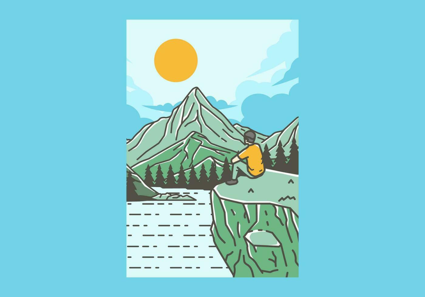 Outdoor illustration of a man sits on a cliff with views of lakes, forests and mountains vector