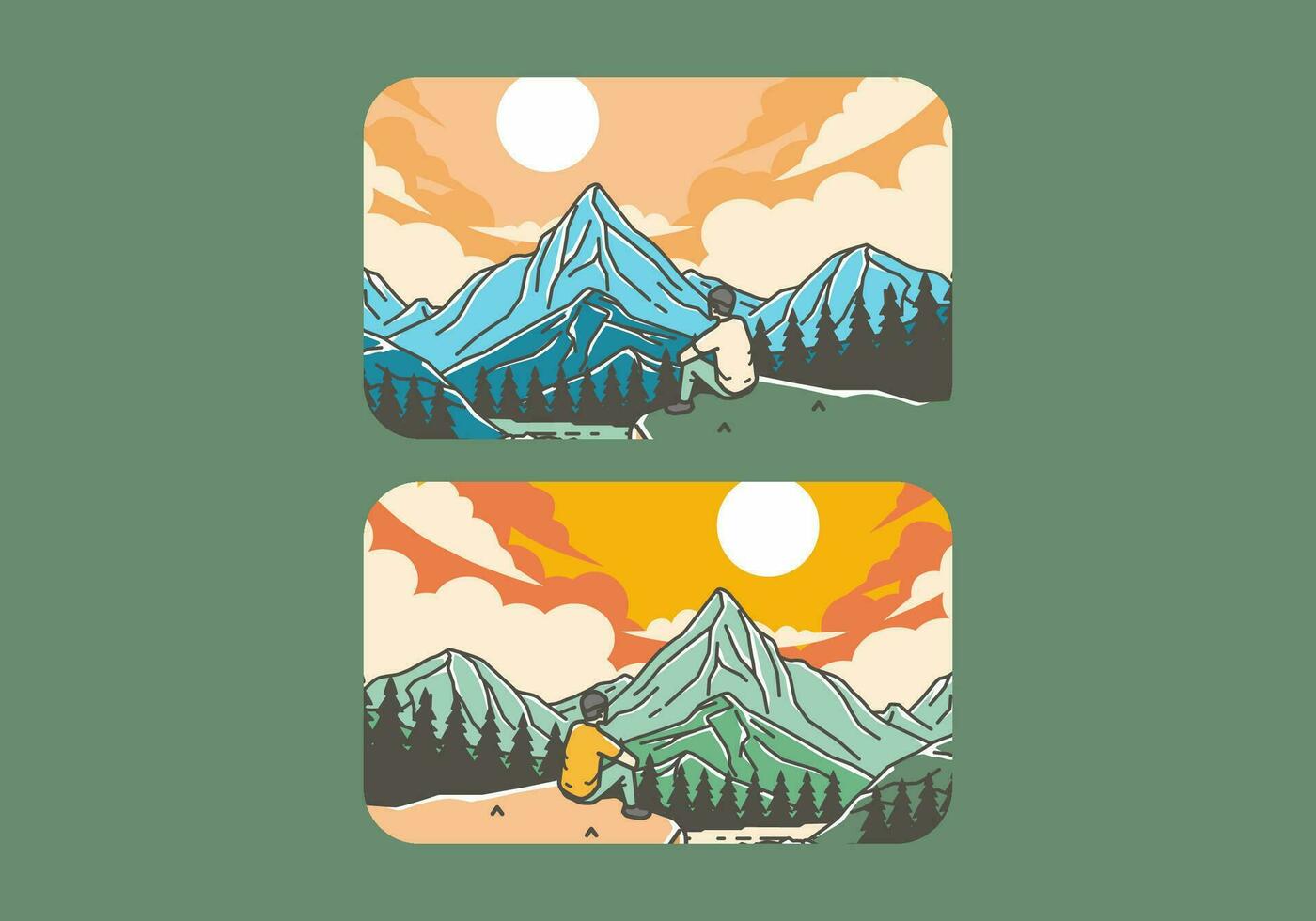 Outdoor illustration of a man sits on a cliff with views of lakes, forests and mountains vector