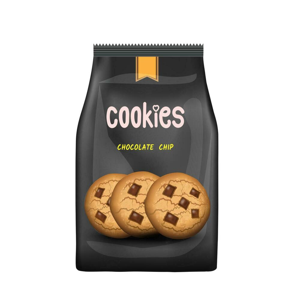 Design packaging template for chocolate chip cookies snack. Vector illustration EPS 10.