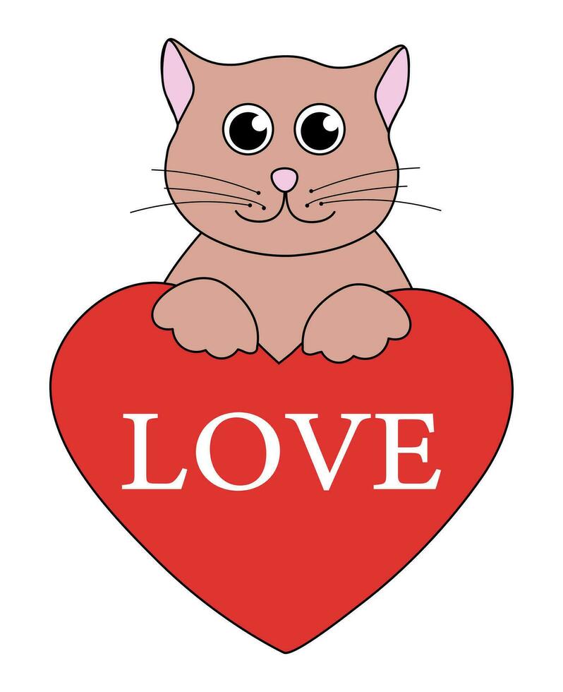 dibujos animados enamorado día gato personaje. linda gatito en en corazón con texto amor. vector plano ilustración.